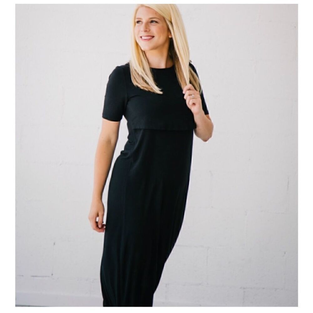 Undercover Mama Nursing Maternity Postpartum Black Stretch Short-sleeve Maxi Dre